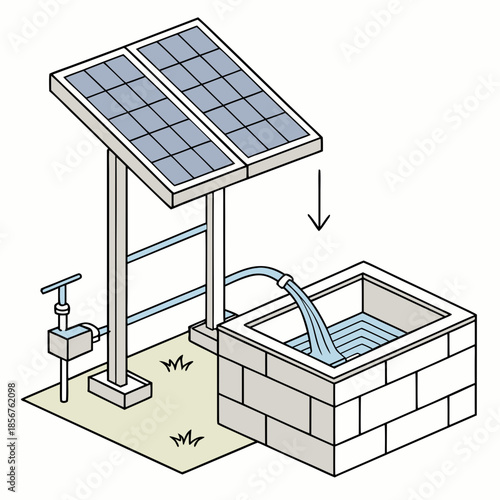 Solar powered water pump system illustration showing a panel well and flowing water sustainable energy