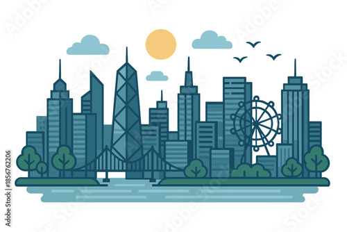 Stylized cityscape with Ferris wheel and sun