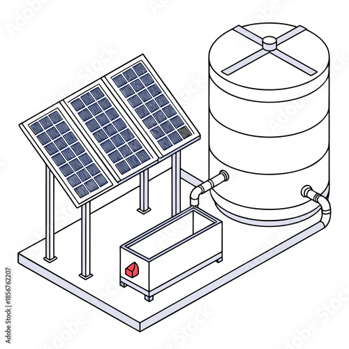 Solar powered water pumping system illustration depicting panels tank pump and connected piping for sustainable irrigation
