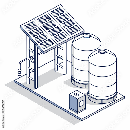 A detailed illustration depicts a solar panel system connected to water storage tanks and equipment