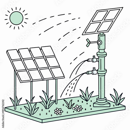 Solar powered water pump illustration depicts sustainable energy usage for irrigation and a cleaner environment