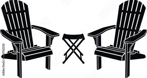Adirondack chair icons set, outdoor wooden patio chairs with small table, black silhouette furniture, garden terrace vector illustration