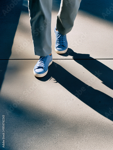 Person walking slowly on quiet city sidewalk in sunlight