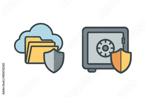 Cloud storage security and physical safe security concept icons