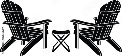 Adirondack chair silhouettes set, outdoor wooden patio chairs with folding table, black white garden furniture vector illustration