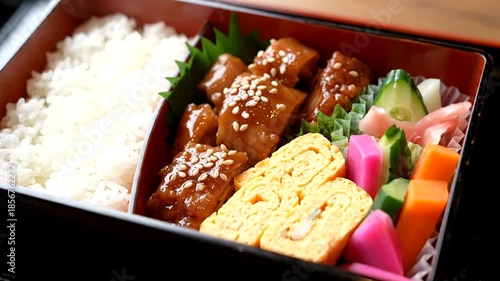 Delicious Japanese Bento Box with Rice, Chicken, and Vegetables.
