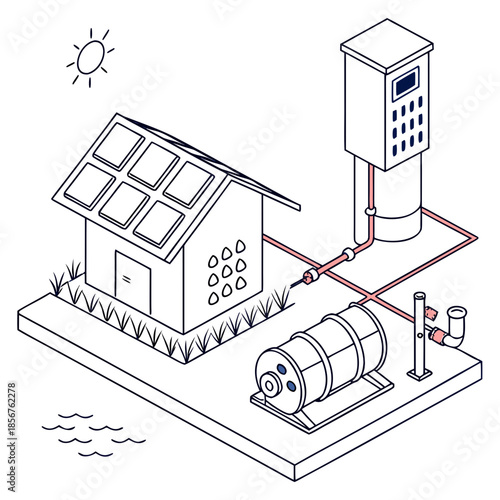 Schematic illustration of a solar powered water pumping system with a storage tank and nearby water source