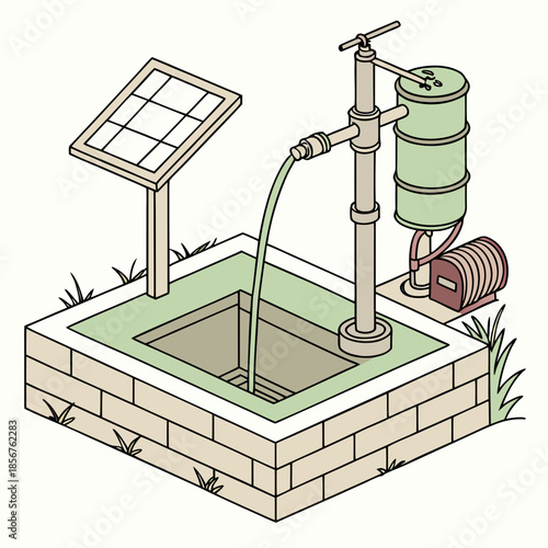 a detailed illustration of a solar powered water pump system with a concrete base and flowing water