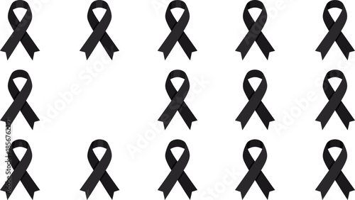 Black awareness ribbon set, mourning memorial symbols, grief support icons, funeral remembrance design, solidarity cause, minimal vector illustration