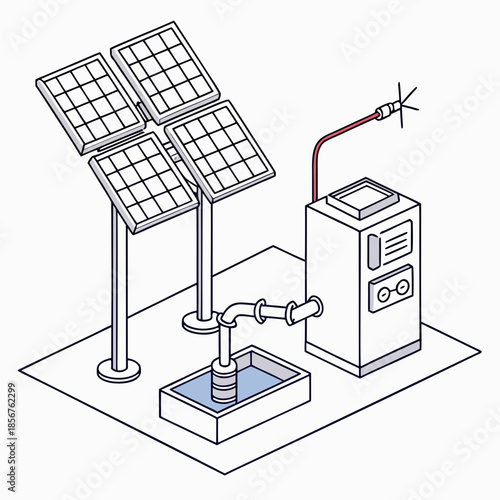 Solar powered water pump system with panels inverter well and antenna illustrated in a detailed drawing