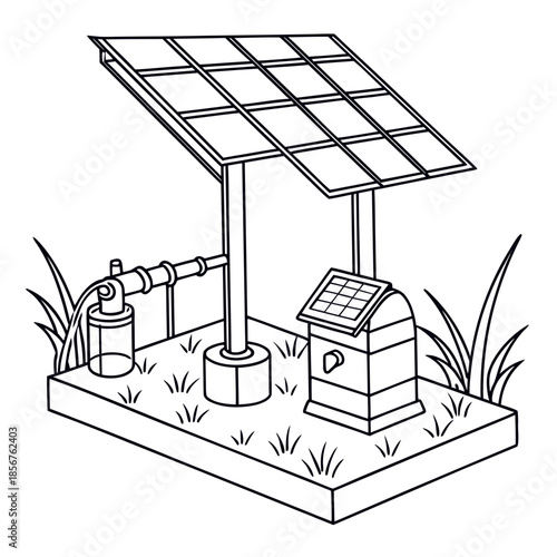 A schematic illustration showcases a solar powered water pump system with panels motor and control box