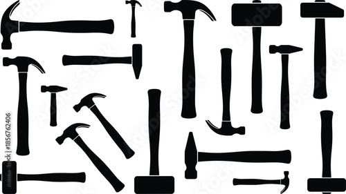 Black hammer silhouette set, construction tools icons, carpentry hardware collection, industrial DIY equipment, vector illustration isolated, seamless pattern background design