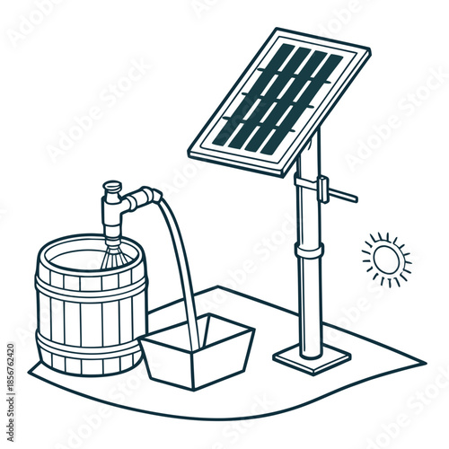 A simplified illustration depicts a solar powered water pump system with a barrel bucket and sun icon