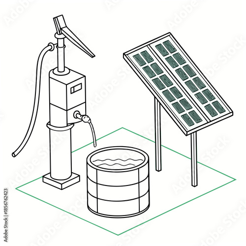 A solar powered water pump system illustration showing a panel pump storage barrel and outlet