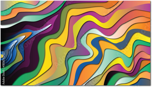 Abstract layered paper cut background with flowing organic shapes and vibrant modern color palette. Soft shadow depth creates a dimensional effect inspired by fluid forms and contour layers. Suitable 