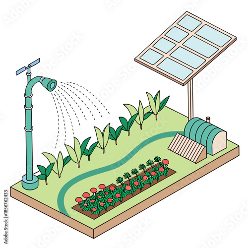 A sustainable garden illustration showcases a solar powered irrigation system watering vibrant plants and flowers