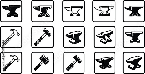 Blacksmith anvil and hammer icons set, forging metal tools collection, workshop smithing symbols, black white vector illustration isolated