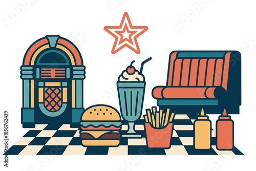 Retro diner scene with jukebox, burger, and milkshake