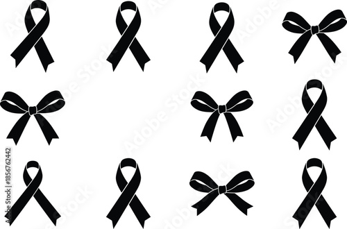 Black ribbon collection, mourning awareness symbols, funeral bow icons, memorial grief design, loss remembrance, solidarity support, minimal vector illustration set
