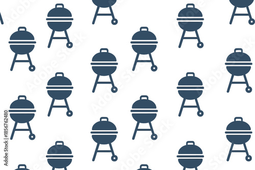 Seamless pattern of blue barbecue grills on a grey gradient background