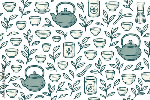 Seamless pattern of Japanese tea ceremony items and leaves