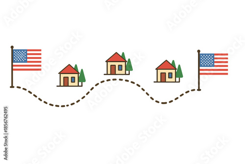 American flags and houses on a dotted line path