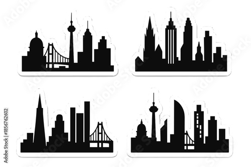 Set of four black city skyline stickers with white borders