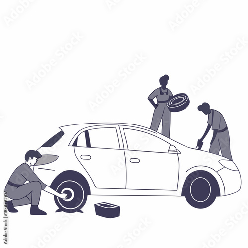 a detailed illustration shows mechanics working on a car changing a tire and checking the engine