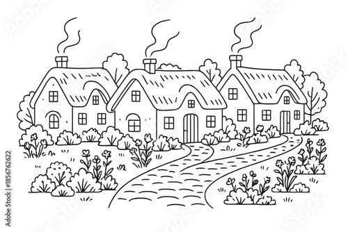 Charming Village with Thatched Roof Cottages and Winding Path