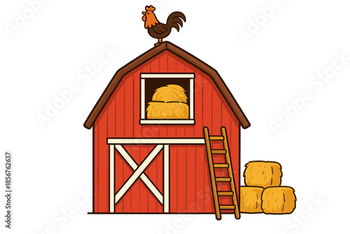 Cartoon Barn with Rooster and Hay Bales