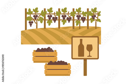 Vineyard scene with grapes and wine bottle icon