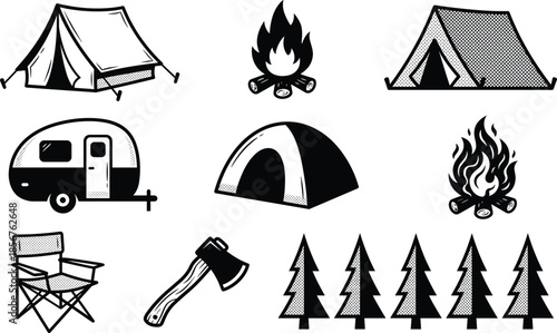 Camping icons set, tent campfire caravan chair axe trees collection, outdoor adventure symbols, black white vector illustration