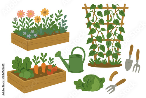 Garden illustration with raised beds, plants, and tools