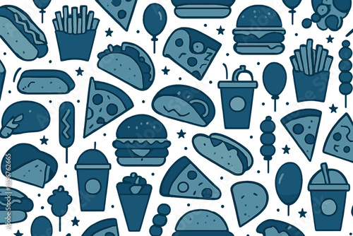Blue Food Pattern with Burgers, Pizza, Tacos, and Fries