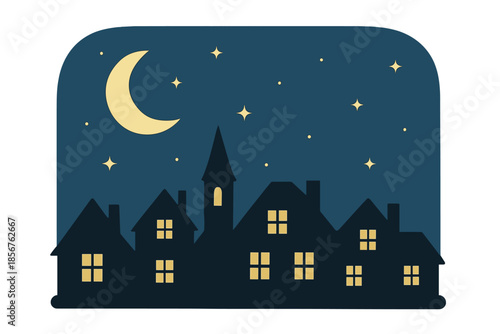 Silhouette of town at night with crescent moon and stars