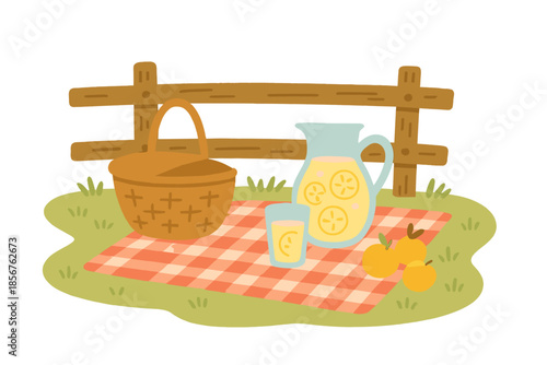 Picnic Scene with Lemonade and Fruit