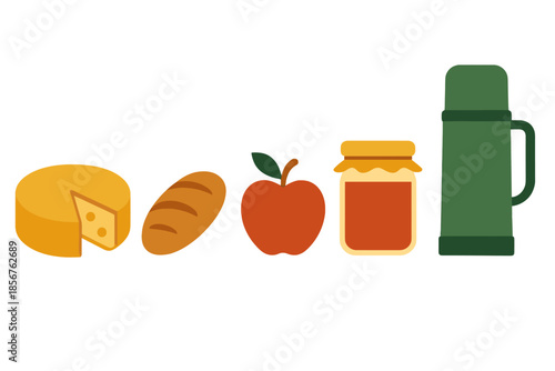 Picnic Food Items and Thermos on a Gradient Background