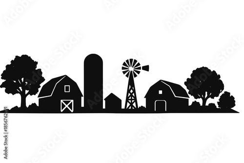 Farm Silhouette with Barns and Windmill