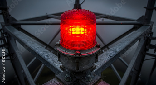 Durable red warning beacon illuminates industrial tower structure in atmospheric rainy weather, signaling caution and safety.