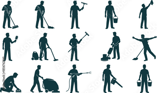 Cleaning worker silhouettes set, janitor housekeeping service poses with tools, professional maintenance staff, commercial sanitation vector illustration