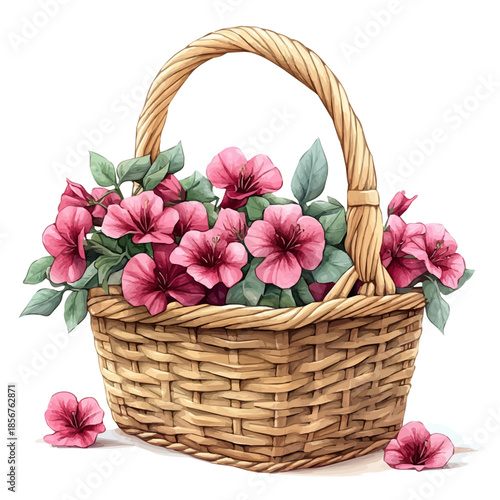 Bougainvillea Bouquet In A Basket, watercolor vector portraying a joyful pose with colorful highlights, isolated on a white background.