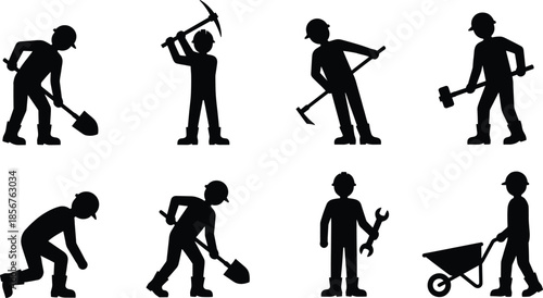 Construction worker silhouettes set, manual labor poses with shovel hammer wheelbarrow tools, industrial mining repair workforce vector illustration