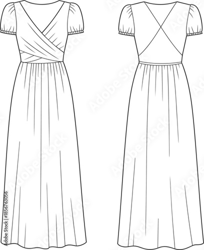 Fashion technical drawing of wrap bodice maxi dress with short puff sleeves and pleated skirt, front and back flat sketch
