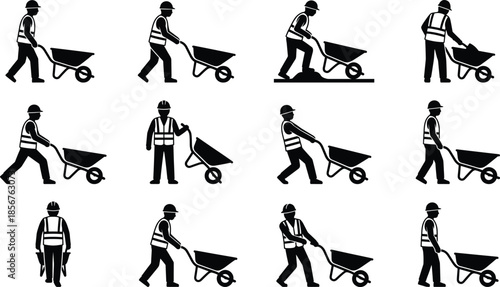 Construction worker wheelbarrow silhouette icon set manual labor activities vector illustration isolated on white background building industry concept