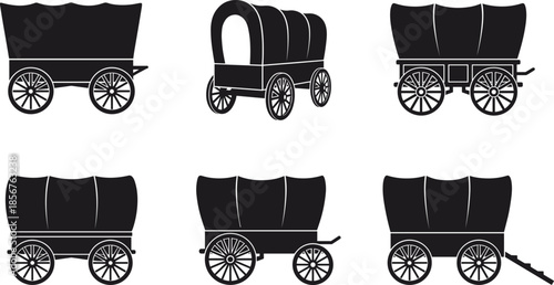 Covered wagon icons set, vintage western pioneer carts collection, old wooden horse wagons, historical transport, black vector illustration isolated silhouette