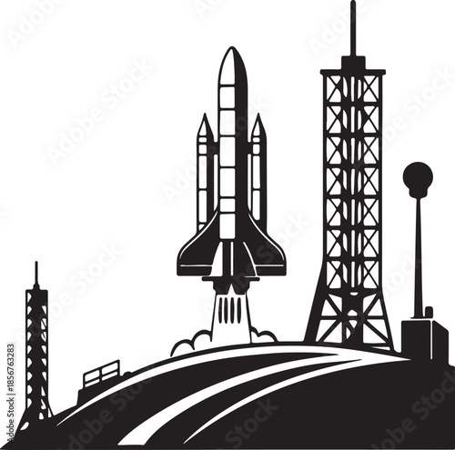 Futuristic rocket launching from moon base silhouette vector