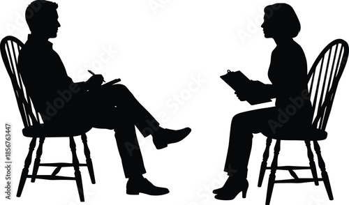 Silhouette illustration of professional interview or therapy session with seated people facing each other in counseling or business conversation