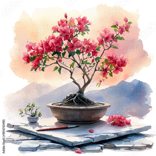 Bougainvillea Bonsai, watercolor vector portraying a joyful pose with colorful highlights, isolated on a white background.