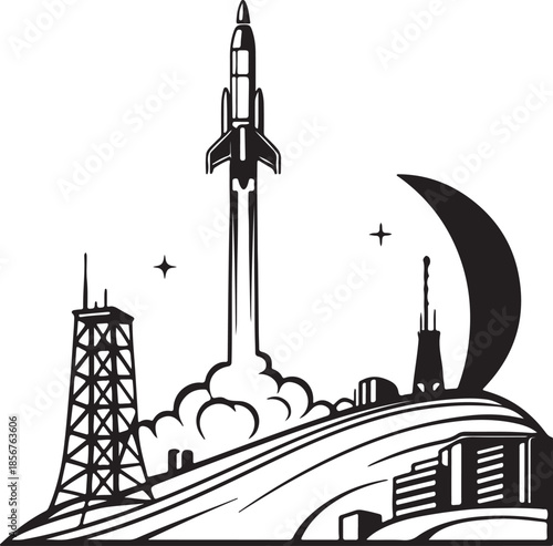 Futuristic rocket launching from moon base silhouette vector