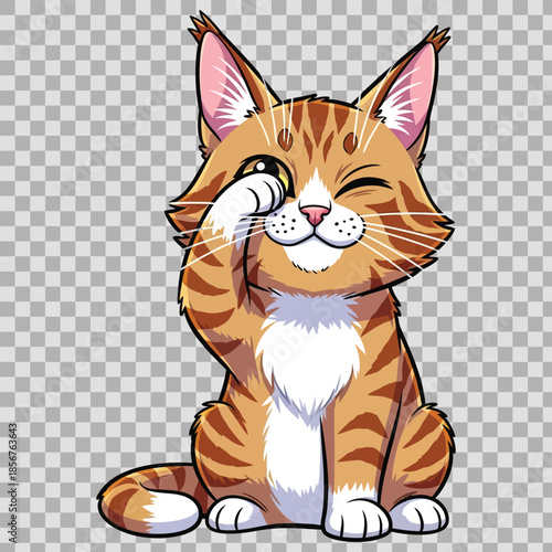 A cute cartoon kitten character with a happy smile is sitting in a funny vector art illustration of a domestic feline pet